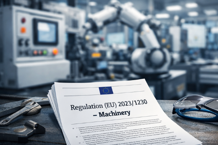 Das Bild zeigt die neue EU-Maschinenverodnung 2023/1230 vor einer Maschine (Roboter)